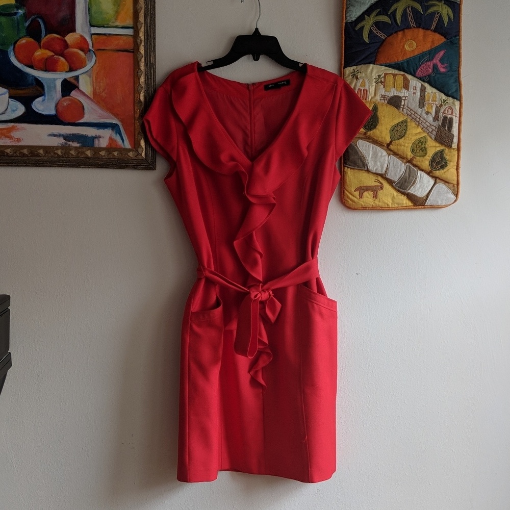 Belted V-Neck Dress with Ruffle - 14